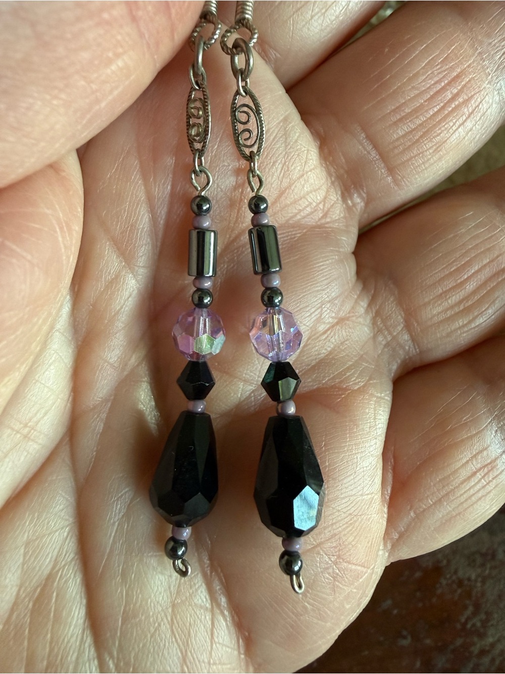 Antique Handmade Black & Lavender Beaded Drop Earrings from Witch’s Estate Sale
